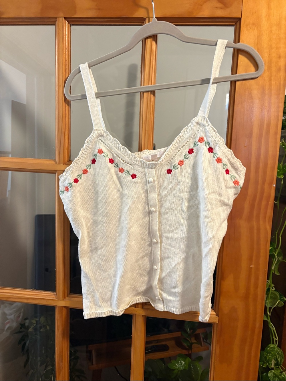 LC Lauren Conrad Cream Knit Camisole with Red Floral Embroidery